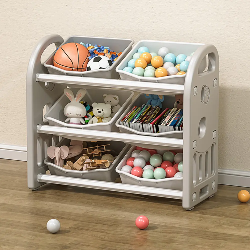 3-Tier Kids Toy Storage Rack with 6 Rectangular HDPE Bins, Easy-to-Use Nursery Furniture Unit with Curved Handles & Wide Base for Playroom, Bedroom (Grey)