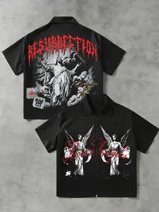 Vintage Grunge Graphic Zip Up Loose Fit Shirt - Men’s Gothic Streetwear Aesthetic Short Sleeve Button Down with Angel Resurrection Prints - Edgy Alternative Style Top, Menswear