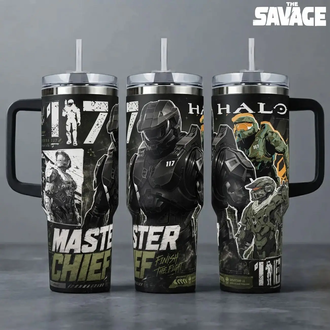 Halo Master Chief Insulated Travel Tumbler (20oz/40oz) - Reusable Printed Sci-Fi Gaming Art Cup with Handle, Straw, Lid, Coffee Compatible, Spartan John-117 Xbox Fan Merchandise, Gamer Gift