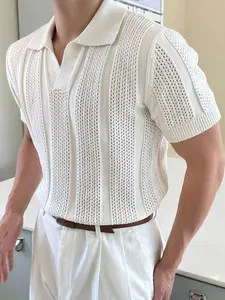 Men's Golf Polo Shirt, Short Sleeve Knitted Polo, Vertical Striped Ribbed Pattern, Comfortable Fashion, Casual Daily Wear