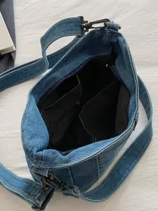 Vintage Denim Crossbody Bag, Faux Jean Pocket Design, Multi-Layer Storage, Fits Phone Lipstick Keys, Commute Shopping School
