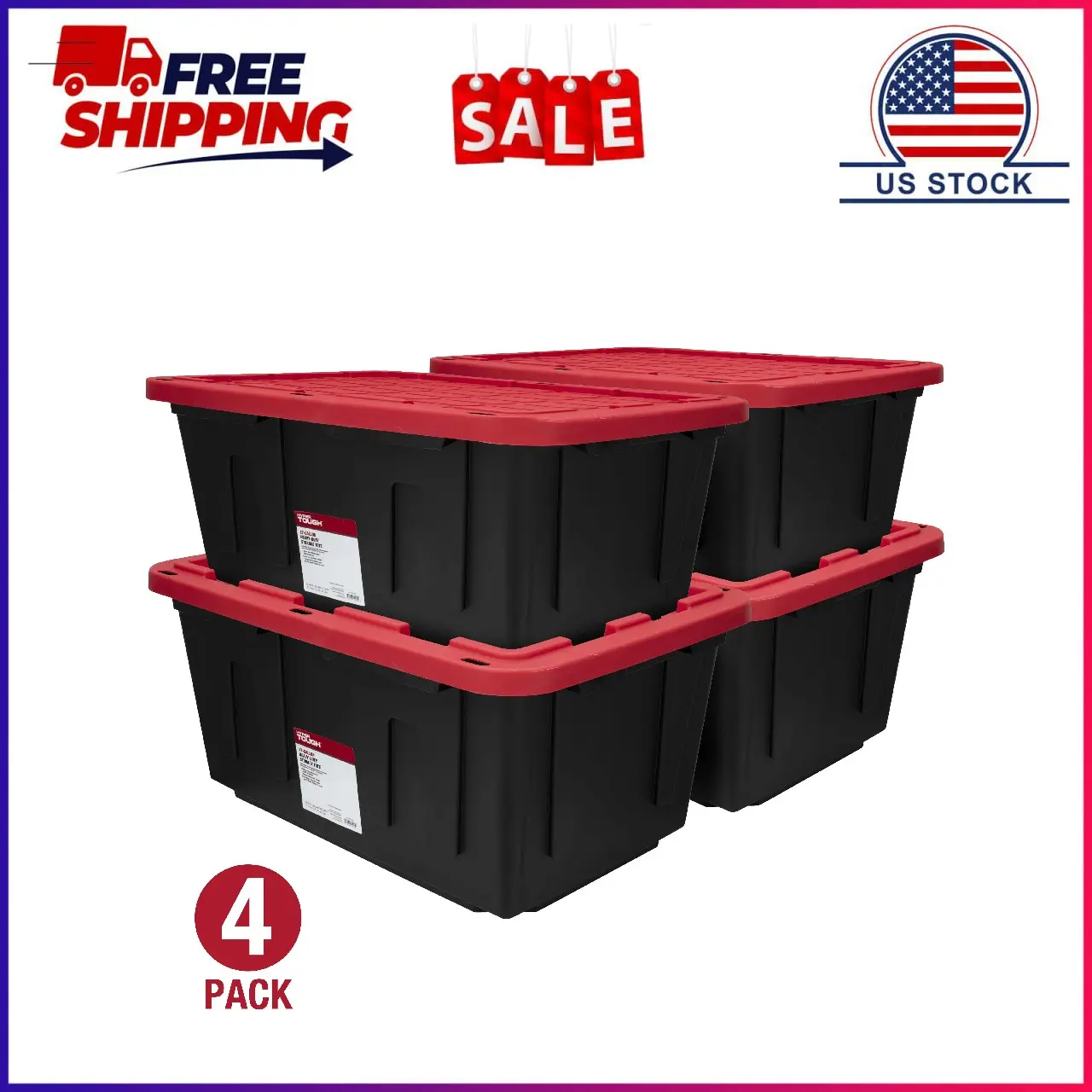 (Pack of 4) 27 Gallon Large Storage Bin with Snap Lid, Black and Red, Heavy Duty Plastic Storage Container