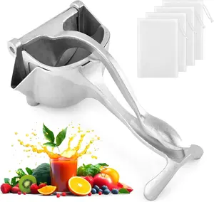 Manual Hand Juicer Squeezer, Aluminum Alloy Citrus Press with V-Spout, Includes 4 Reusable Filter Bags, for Lemon Lime Orange Grapefruit, Hand-Wash Only (Silver)