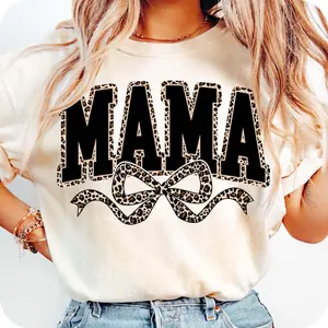 Unisex Leopard Mama Shirt With Coquette Bow, Trendy Mom Apparel Graphic Tees, Casual All Season, Crew Neck, Short Sleeve, Comfortable, Cotton, Trendy