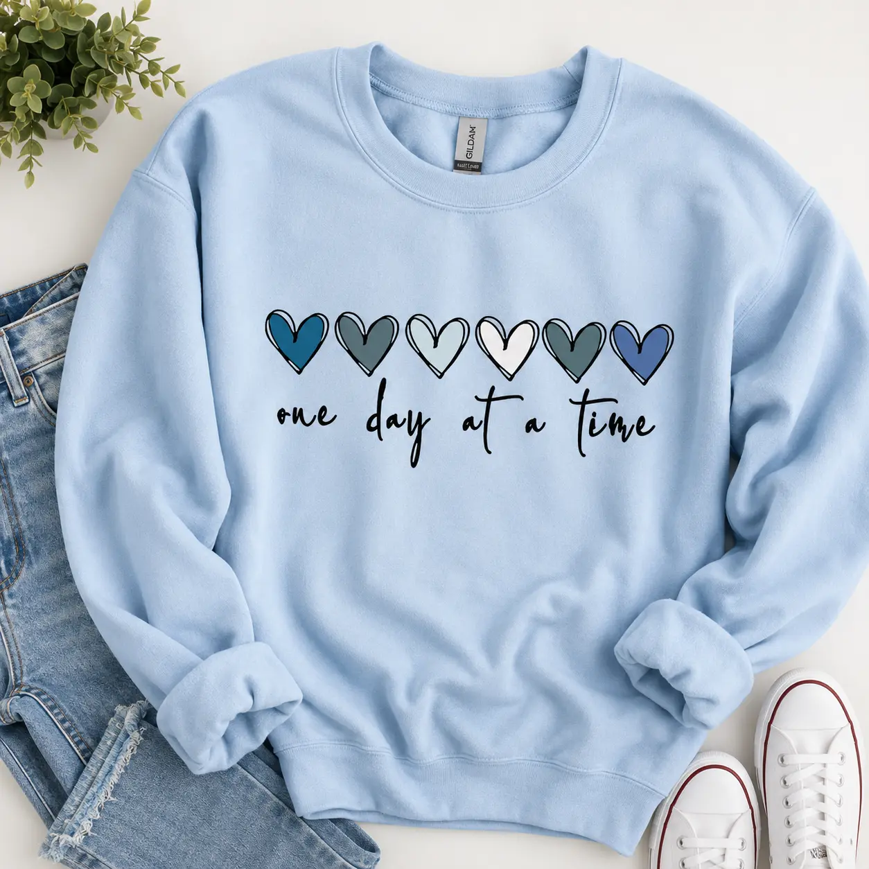 One Day At A Time, Mental Health, Wellness, Hearts Sweatshirt & Tshirt, Women's Crew Neck, Crewneck