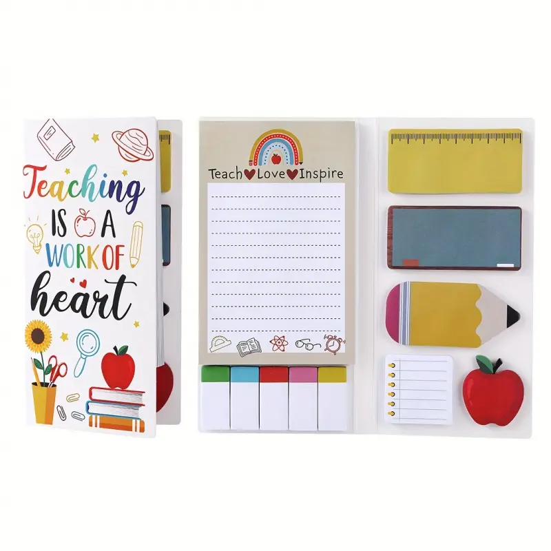 A set of cartoon teacher Inspirational sticky notes, chalkboard style self adhesive memo pads, assorted colors, blank lines, personalized, paper material, ideal for jotting down reminders perfect for school office supplies.