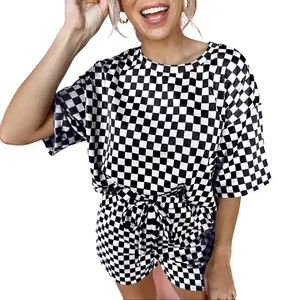 Black Checkered Top and Short Casual 2pcs Set - Loose Fit Tee with Drop Shoulder & Elastic Waist Tie Detail