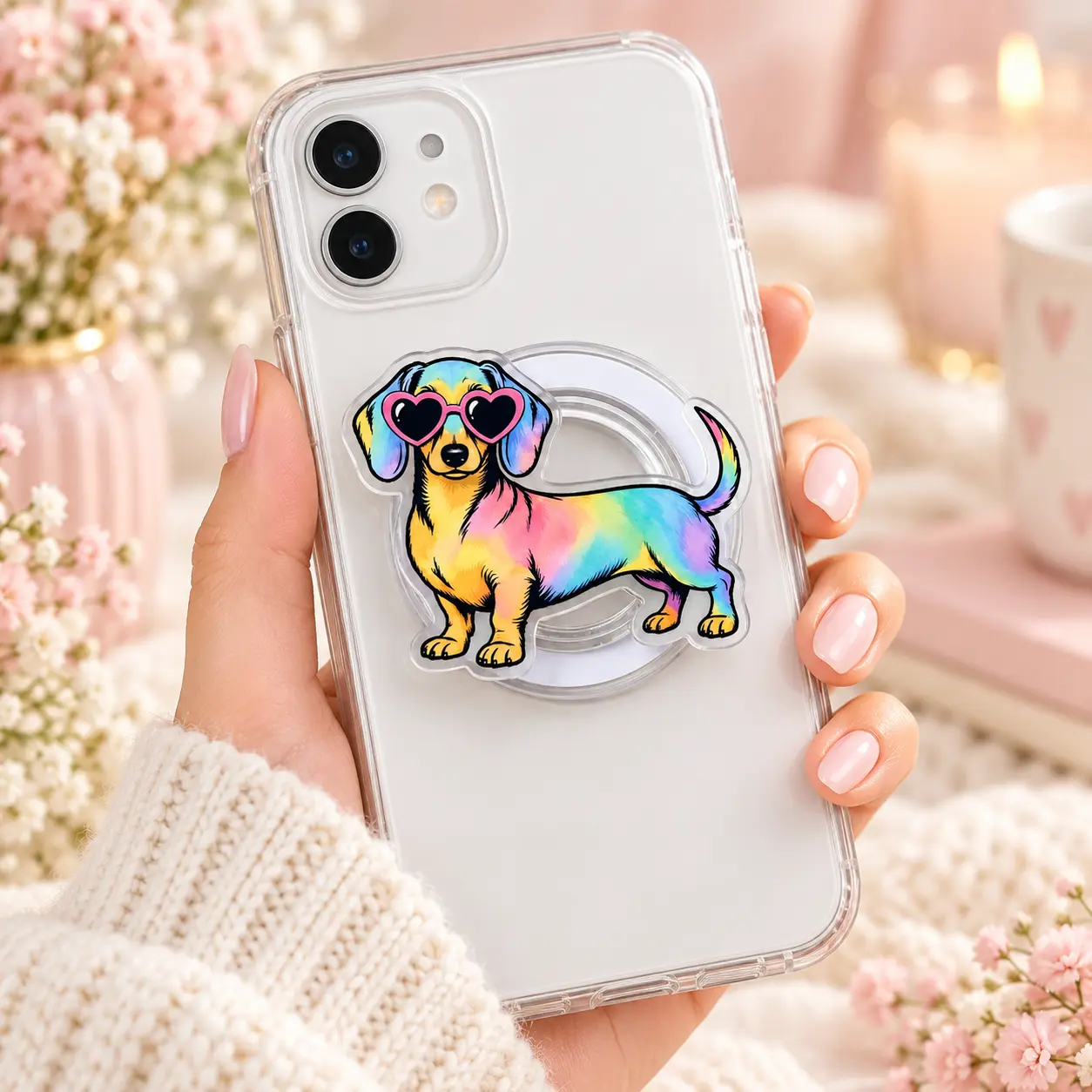 Rainbow Dachshund MagSafe Phone Grip – Cute Colorful Wiener Dog Acrylic Magnetic Phone Holder & Kickstand – Heart Sunglasses Dog Lover Gift