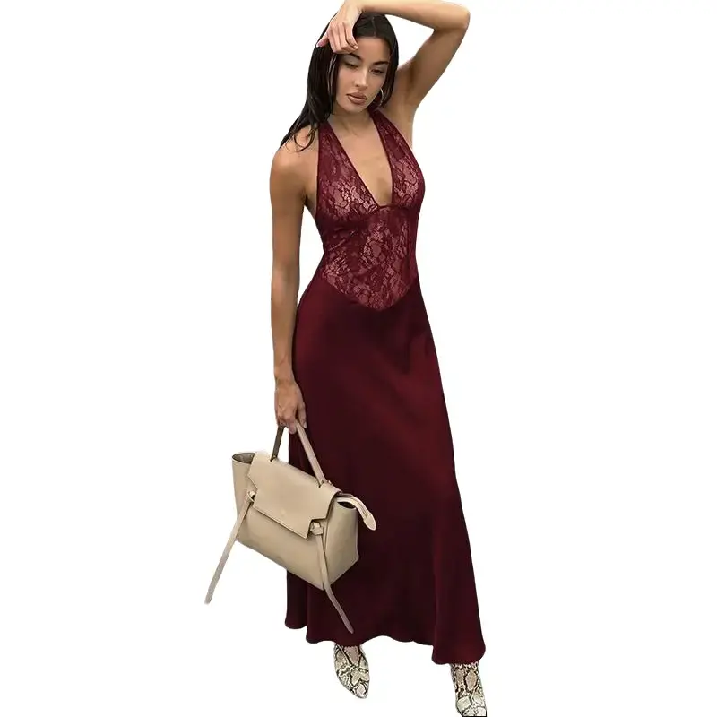 Halter Neck Deep V Neck Lace Corset Panel Maxi Dress for Women's 2026 Spring Summer Date Nights Outfit Slim Fit Waist-Sculpting Design Elegant Versatile Vacation Outfit Dress