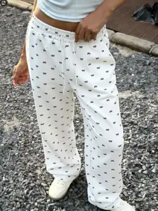 1Pc Ladies Cute Bow Pattern Wide Leg Trousers, Elastic Waist Comfort Pants, For Casual Outings & Loungewear