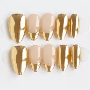 EclatNails 10Pcs Handmade Press On Nails, Nude Nails with Gold Mirror Chrome French Tips, Elegant Luxury Almond False Nails, Reusable Removable Nails for Women & Girls, Perfect for Daily Wear and Party Occasions, Almond Fake Nails