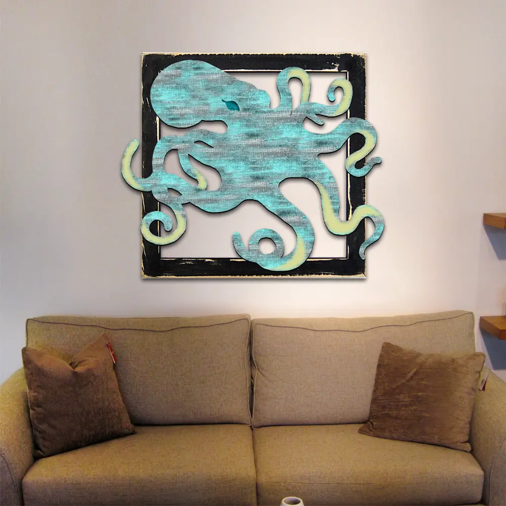 Designocracy G98512S-24 Handcrafted 1-of-a-Kind Framed Octopus Wooden Wall Decor, Vintage Modern Decorative Handcrafted Home Decor for Indoor House Room Decoration, Ideal Home Gift