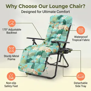 Outdoor Chaise Lounge Chair Cushion Waterproof 66 x 21 x 4 Inches Cotton Zero Gravity Chair Cushions with Ties, Soft Thickened Lounge Chair Cushions for Indoor Outdoor Furniture (Green Flower Leaf)