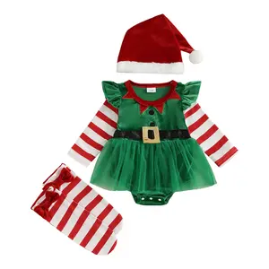 Baby Girl Christmas Outfit Santa Claus Romper Red Striped Long Sleeve Bodysuit Green Tulle Tutu Dress Socks Hat Cute Newborn Xmas Holiday Celebration Photo Clothes 0 3 6 12 18Months