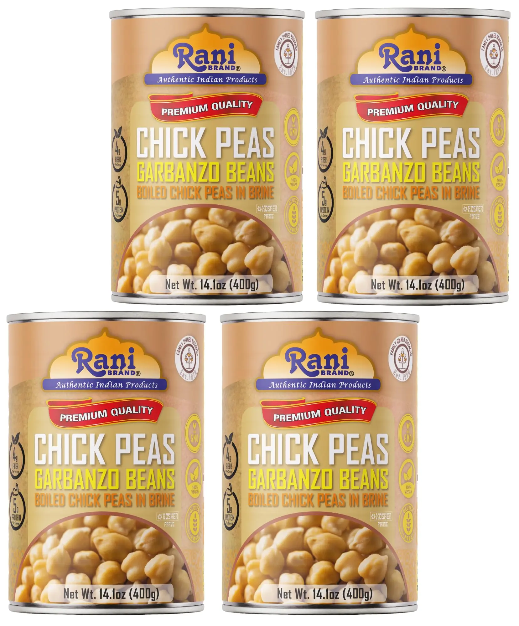 Rani Chick Peas, Garbanzo Beans (Boiled Chick Peas in Brine) Kabuli Chana 14oz (400g) Pack of 4 ~ Easy Open Can | All Natural | Vegan | Gluten Friendly | NON-GMO | Kosher | Indian Origin