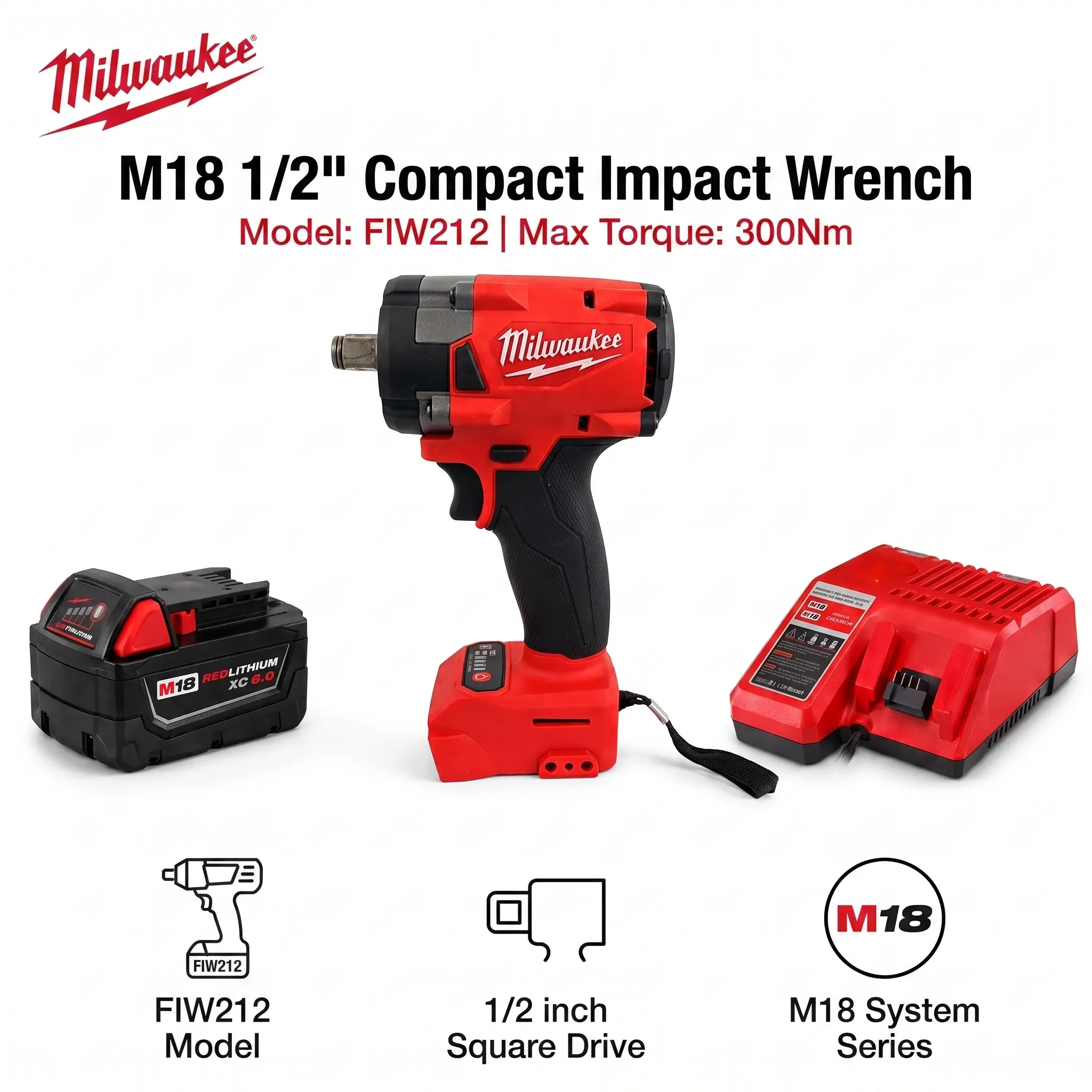 300Nm High Torque Impact Wrench | Milwaukee M18 FIW212 18V 1/2" Drive Brushless Cordless Tool, Compact Lug Nut Remover For Auto Repair, Garage Mechanics, Tire Change & M18 Bolt Fastening equipment battery lithium