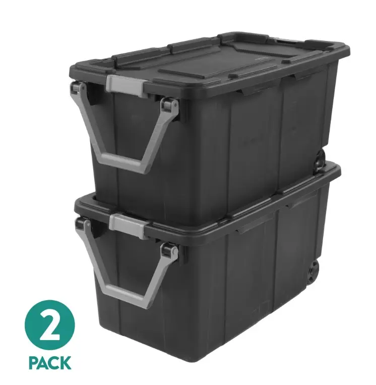 Sterilite Extra-Large Wheeled Industrial Storage Bin, 40 Gallon Durable Plastic Storage Tote with Latching Lid and Pull Handle, Black, 2 Pack