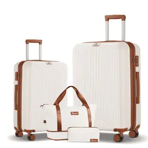 Expandable Luggage 4 Piece Sets, 20+28" Luggage Travel Suitcase with Duffle Bags, White&Brown