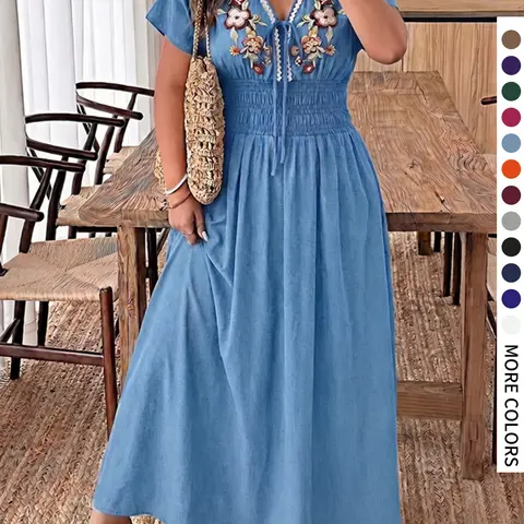 Plus Size Women's Short-Sleeve Embroidered Floral Dress, V-Neck Elastic Waist Boho Bohemian Chic Style, Casual Summer Vibe Vacation Wear, Travel, Daily Wear & Commute, Beach Style Dress, Boho Styles Fashion