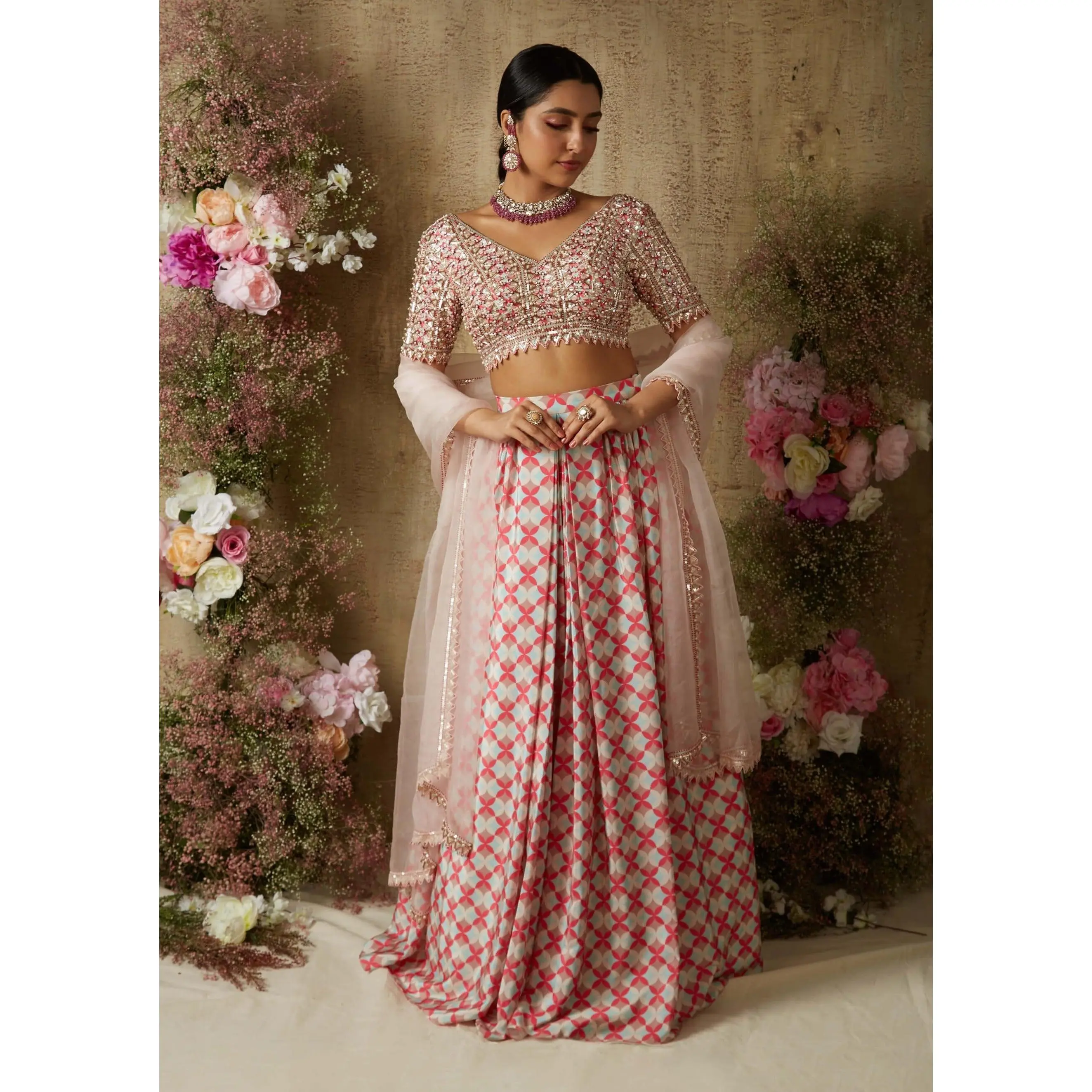 Pink printed pleated lehenga set