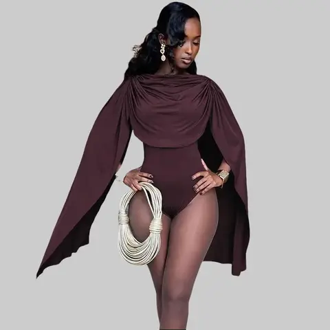Women's Retro Solid Color T-Type Bodysuit - Sleeveless, Draped Cowl Neck, Tiered Layers, Button Detail, Slim Bodycon Tight Fitting Playsuit, Jumpsuits, Party Wear, Summer Clothes, Solid Color Bodysuit