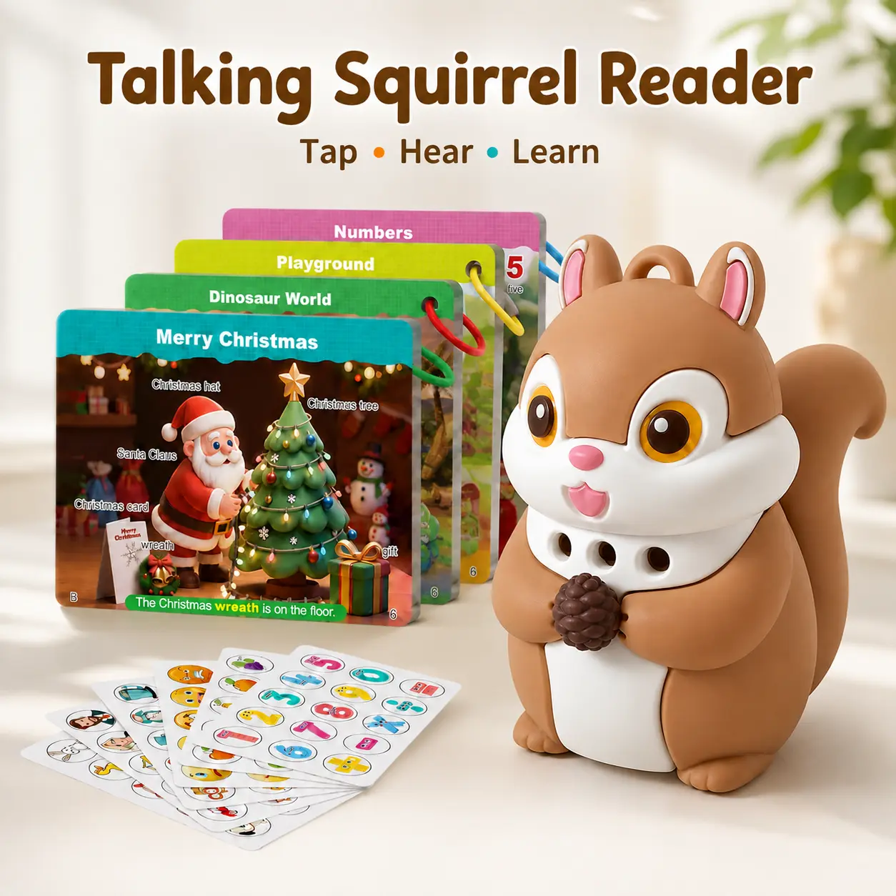 #BackToSchool SMYLX Squirrel Talking Flash Card Reader with Interactive Learning Stickers, 55 Double-Sided Cards, 592 Words, 5 Categories & 8 Stickers, Preschool Educational Toy for Vocabulary, Pronunciation, Homeschool & Classroom Learning, Gift for Kids