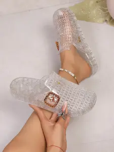 Transparent Crystal Women's Mules, Jelly Texture, Square Buckle Decoration, One-Step Design, Soft Elastic Sole, Summer Streetwear Footwear