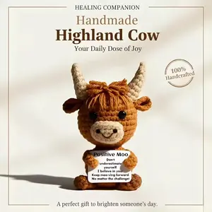 Handmade Mini Highland Cow Knitted Figurine, Cute Positive Crochet Cow with Card, Unique Birthday Gift for Adults, Great for Home & Party Decor