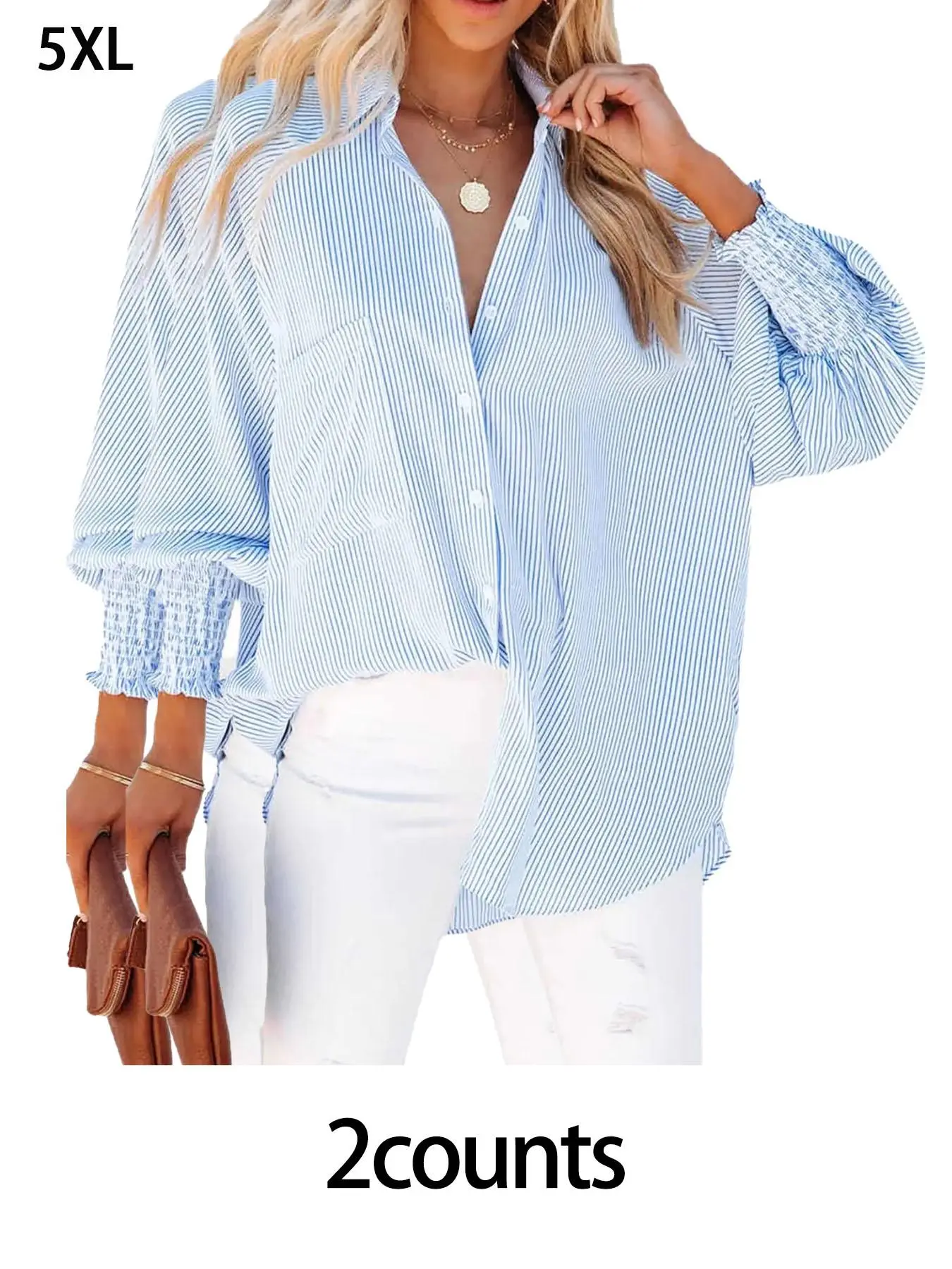 【Plus Size】 Striped Print Button Front Pocket Shirred Shirt, Casual Bishop Sleeve Collared Top for Spring & Fall, Women's Clothes for Daily Wear