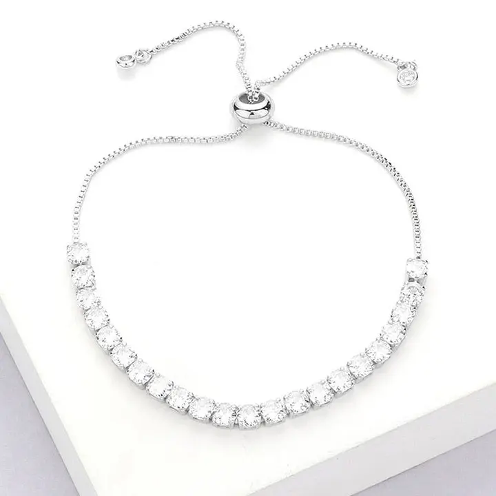 Unisex Stainless Steel Round CZ Accents Adjustable Size Pull Tie Bracelet, 0.2" H Cubic Zirconia Costume Jewelry Accessory