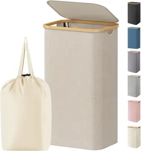 100L Laundry Basket with Lid, Clothes Hampers for Laundry with Bamboo Handles and 1 Removable Bag, Large Foldable Laundry Hamper for Bedroom, Bathroom, Dorm, Laundry Room, Beige