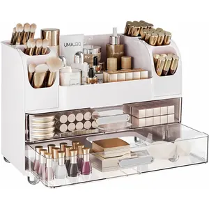 Large Makeup Organizer Countertop with 6 Brush Holders, Makeup Organizers for with 2 Large Drawers, Easy to Store Skincare, Lipsticks, Nail Polishes, Perfumes, Eyeshadow Palettes, White