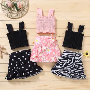 Toddler Baby Girl Skirt Outfits Two Piece Solid Color Ruffle Sleeve Crop Top T Shirt and Floral/Polka Dot/Zebra Print Skirt Set