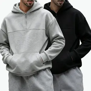 Men’s solid-color hooded sweatshirt, casual comfortable half-zip hoodie with kangaroo pocket, suitable for everyday wear