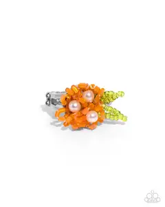 Pearl Priority - Orange Seed Bead Flower White Pearl Silver Ring - Paparazzi