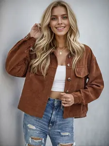Plus Size Women's Flap Collar Long Sleeve Corduroy Short Jacket, Vintage Button Front, Chest Pocket, Cuff Buttons, Loose Fit, Daily Wear, Womenswear