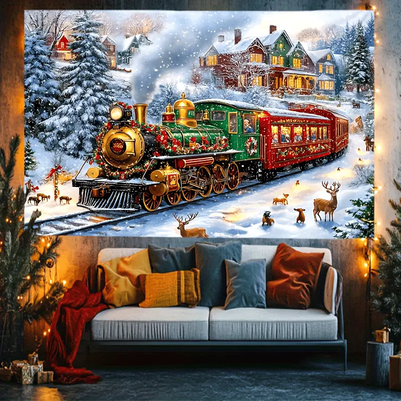 Glam Santa Theme Square Christmas Tapestry - Polyester Wall Hanging with Polar Express Train, Snow Scene, Reindeer & Festive Decor, Holiday Party Backdrop, Power-Free Attachment for Family Dormitory