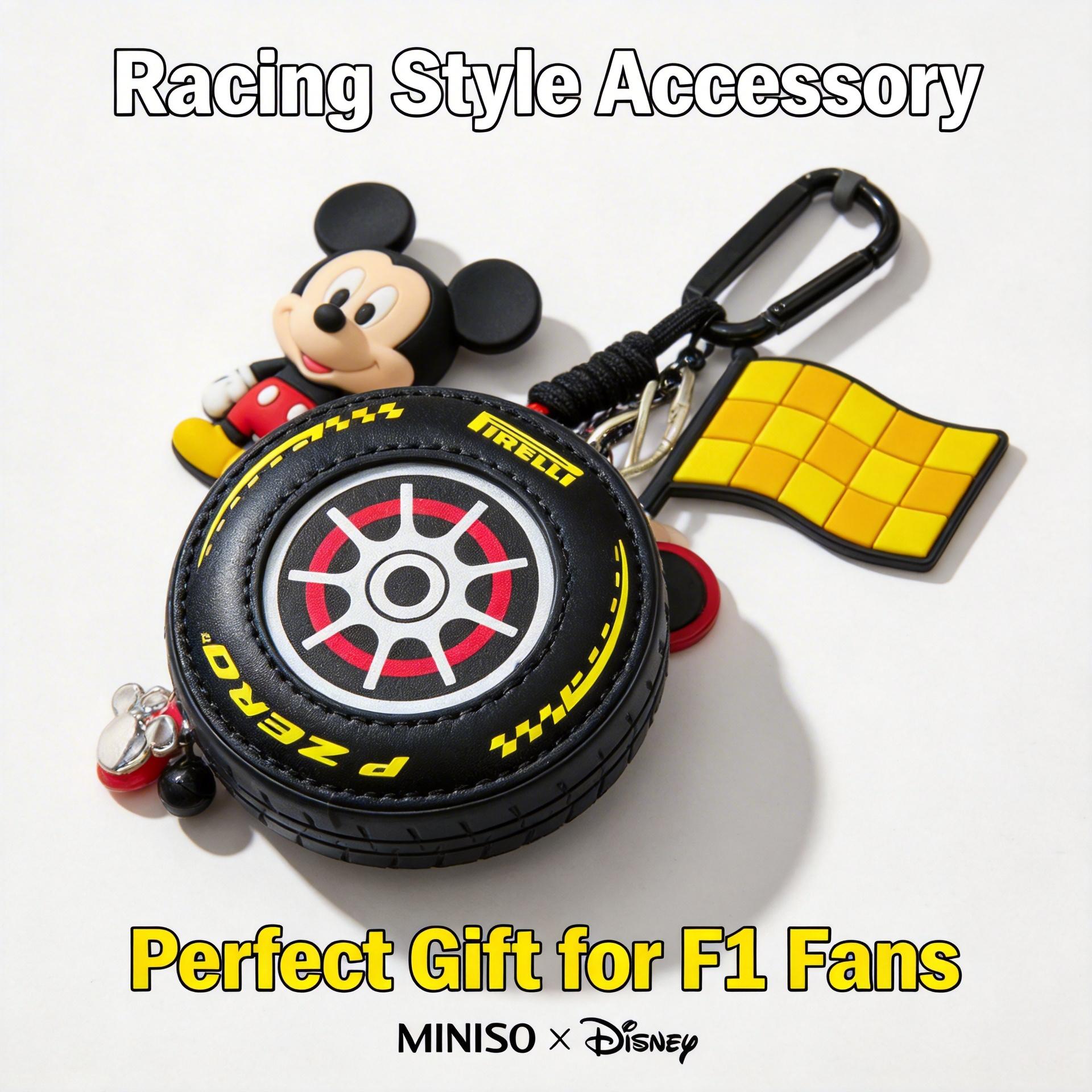 MINISO x Disney Mickey F1 Racing Collection Tire-Shaped Coin & Earphone Pouch Bag Charm | Premium Stylish Accessory, KeychainPendant, CuteAccessories