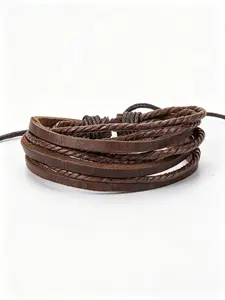 Unisex Handmade Braided Leather Bracelet, Black & Brown Multi-Layer Wrap Cuff, Adjustable Boho Wristband, Stackable Bracelets