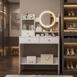 LED Lighted Makeup Vanity Desk 3 Color Modes 3 Drawers Storage Shelves Bedroom Dressing Table