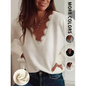 Elegant Women's Knit Sweater Top, V Neck Pullover with Lace Trim, Casual Fitted Style, Perfect for Fall & Winter Seasons, Elegant Classy Tops