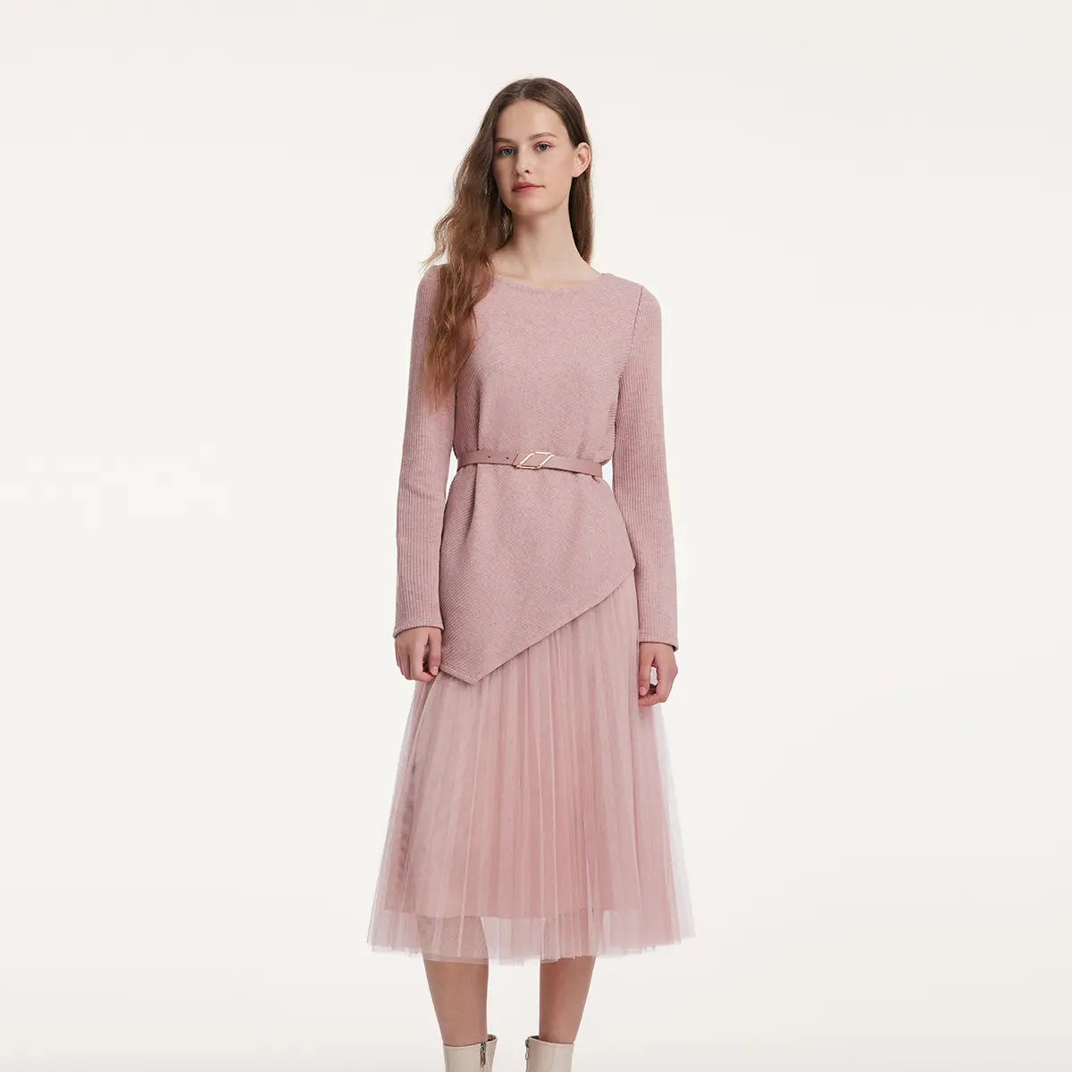NEW GOELIA Asymmetrical Hem Top And Tulle Women Skirt With Belt Two-Piece Set Fit Clothes