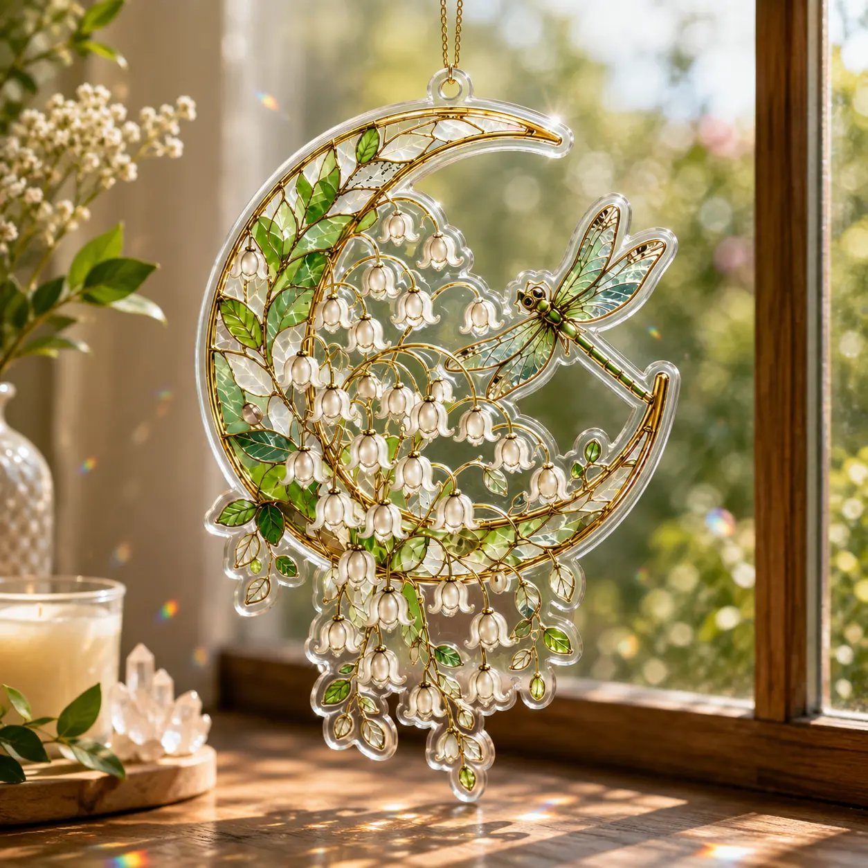 Lily of the Valley Moon Suncatcher, Acrylic Stained Glass Window Hanging, Floral Dragonfly Botanical Decor for Garden Lover Window Ornament