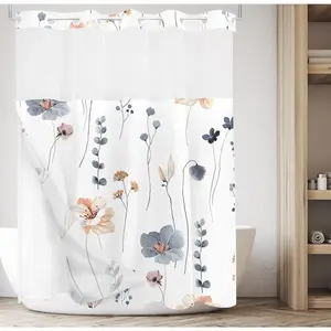 No Hooks Snap in Liner Abstract Watercolor Floral Blue Leaves Shower Curtain, Hotel Luxury Double Layers No Hooks Waterproof Fabric & See-Through Top Window Bathroom Decorative 72x78 Inch