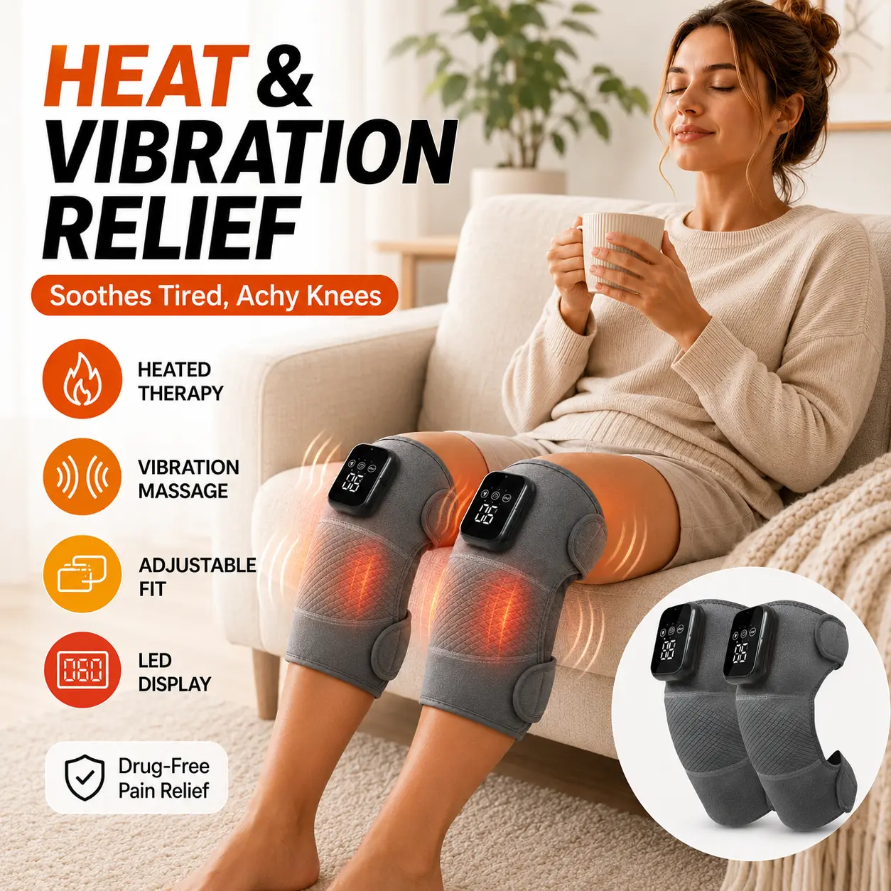 Heated Vibration Knee Massager, Wearable Knee Heating Pad, Adjustable Knee Wrap for Relaxing at Home, Office, or After Work