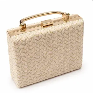 Golden Chevron Elegance Clutch - Cream Woven Design with Gold Hardware and Secure Closure