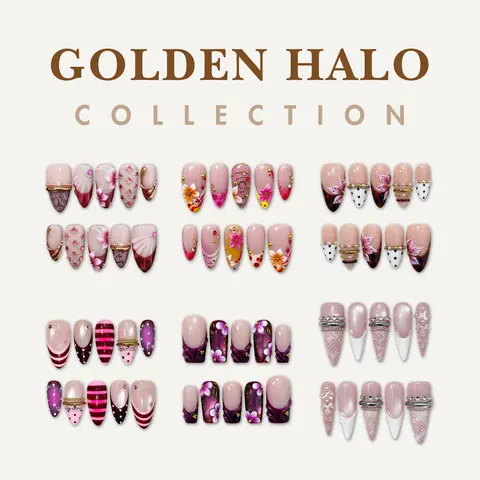 NailPhoria GOLDEN HALO COLLECTION - Handmade Press-On Nails | Reusable, Salon-Quality, Long-Lasting, Glossy Design