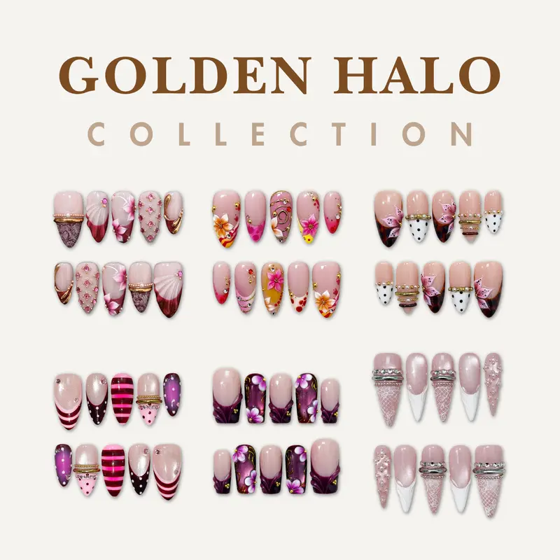 NailPhoria GOLDEN HALO COLLECTION - Handmade Press-On Nails | Reusable, Salon-Quality, Long-Lasting, Glossy Design