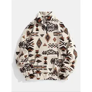 Men'S Ethnic Print Half Zip Plush Sweatshirt, Cozy Pullover With Pocket For Winter