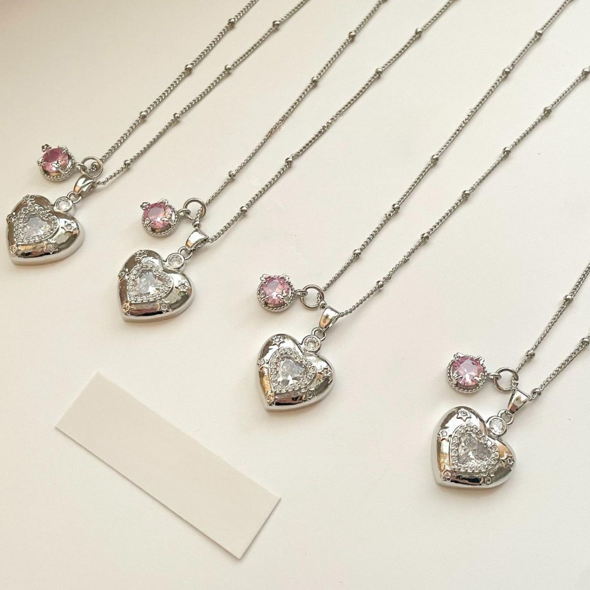Cute Puffy Heart Sparkle Pendant Necklace, Dainty Pink Charm Detail, Elegant Feminine Statement Jewelry, Stackable Everyday Accessory, Perfect Gift for Fashion Lovers